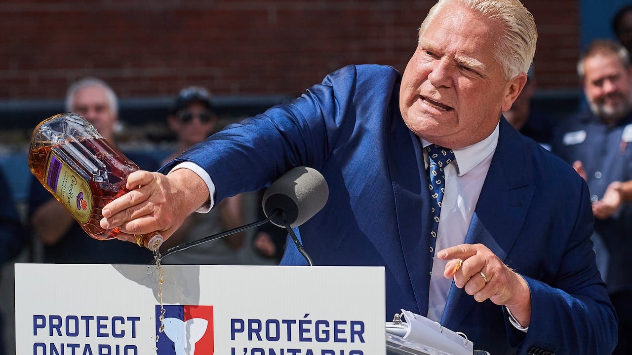 Watch the moment Ontario Premier Doug Ford dumps a bottle of Crown Royal  whisky