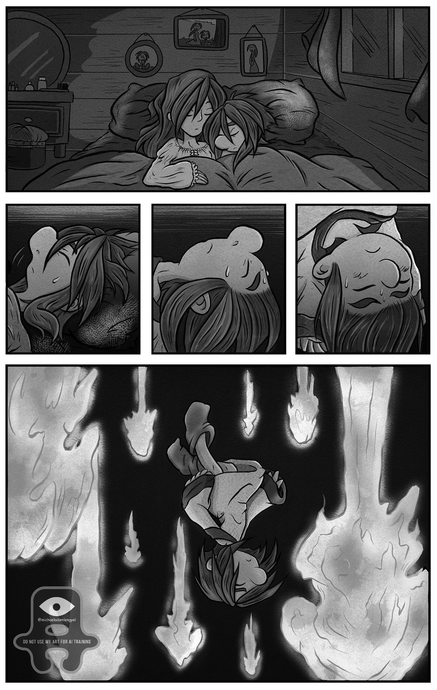 Kali and Vianne sleep in bed together peacefully. But sweat forms on Kali’s brow as she slips into another nightmare—falling through darkness as white-hot flames streak past her. Kali and Vianne sleep in bed together peacefully. But sweat forms on Kali’s brow as she slips into another nightmare—falling through darkness as white-hot flames streak past her.