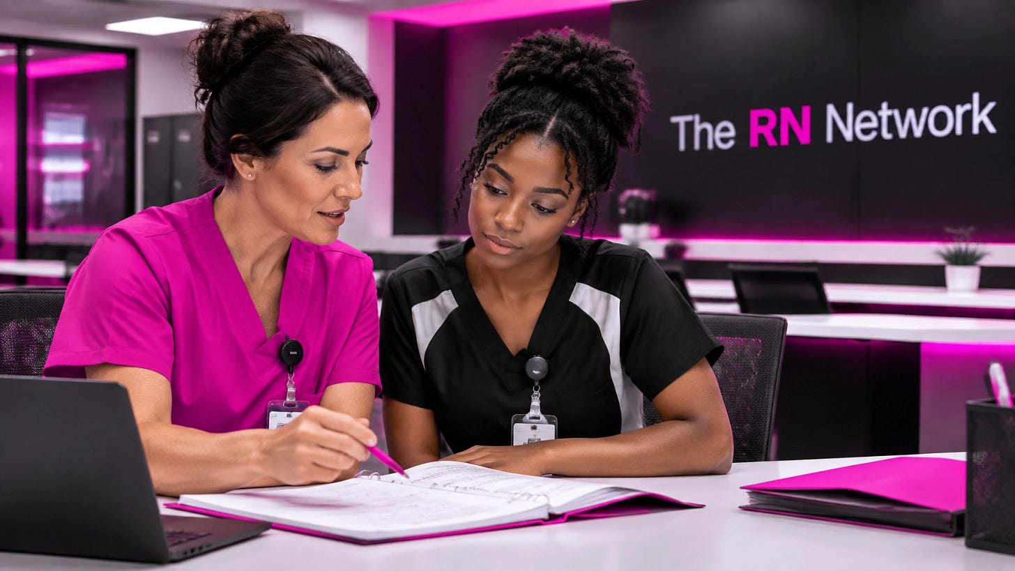 Experienced nurse preceptor coaching a newer nurse during a competency review Experienced nurse preceptor coaching a newer nurse during a competency review