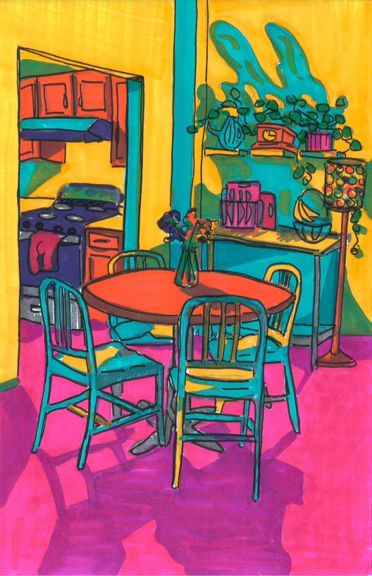 A multicolored marker drawing of an apartment kitchen