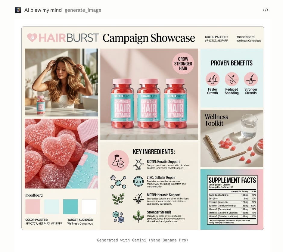 AI-generated wellness brand campaign board created with Nano Banana Pro inside the Claude interface using AI BLEW MY MIND Amplifiers. The editorial-style layout presents a luxury marketing showcase for Hairburst chewable hair vitamins using a clean creative agency presentation aesthetic. The campaign board combines multiple visual sections, including glossy product bottle photography, close-up gummy texture shots, wellness lifestyle imagery, ingredient storytelling, supplement facts, infographic-style benefit callouts, and soft pastel branding elements. The composition features pink, turquoise, and cream color tones with realistic lighting, detailed packaging textures, sugar-coated gummy visuals, and modern typography inspired by premium wellness and beauty brand moodboards commonly seen in high-end Behance campaign presentations.