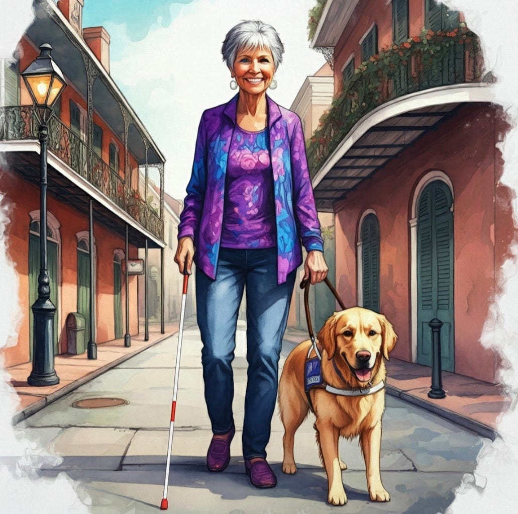 Image of blind woman with white cane and guide dog in New Orleans Image of blind woman with white cane and guide dog in New Orleans