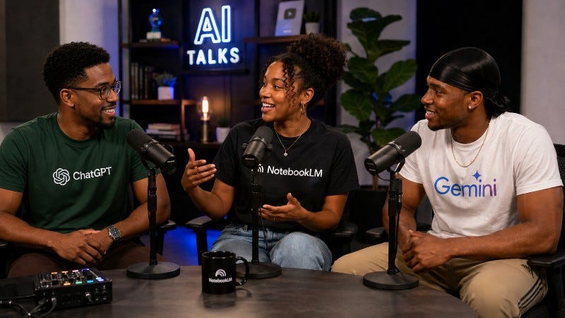Three people wearing ChatGPT, Gemini and NotebookLM shirts chat around microphones in a studio.