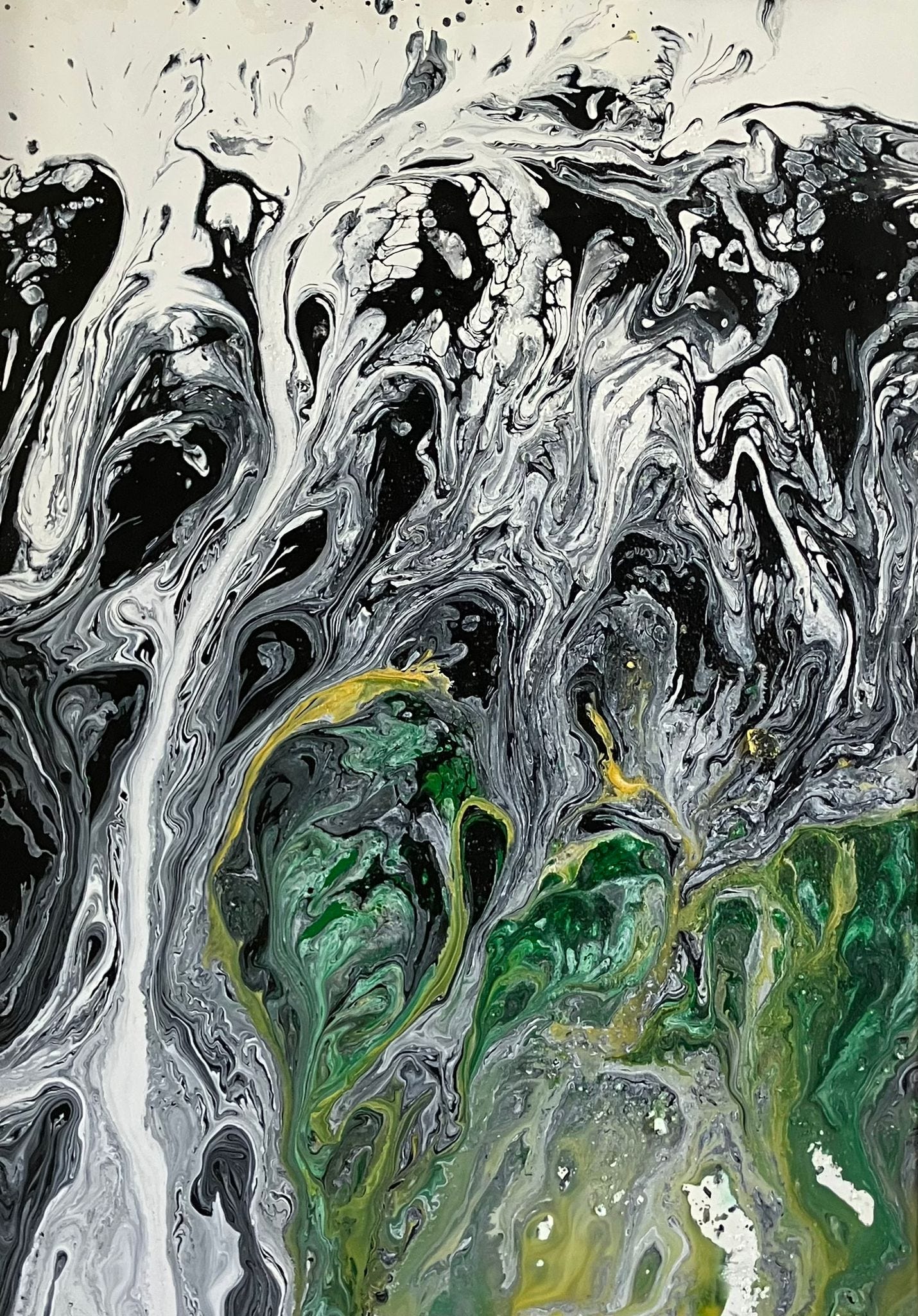 Abstract painting with watery flows of black, white, and green