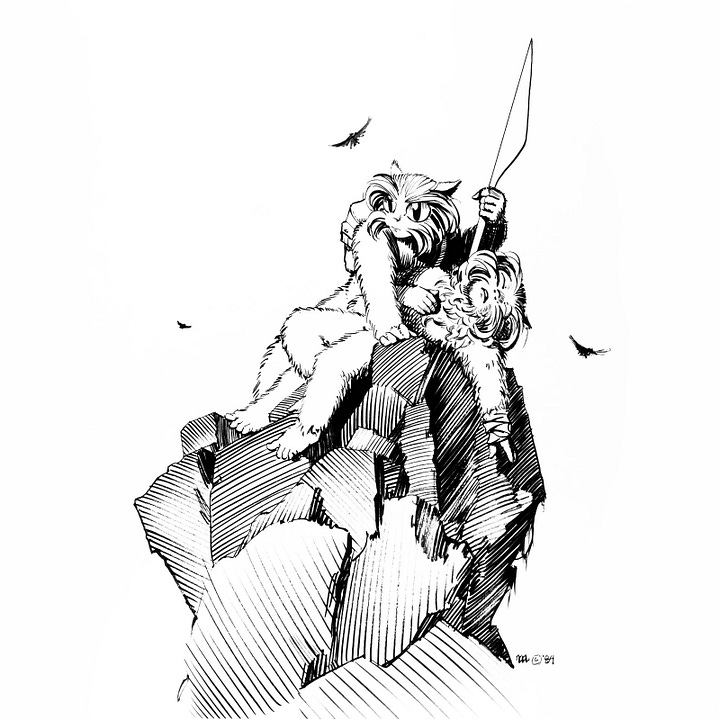 LEFT: Pen and ink study for FUZZY FIRE featuring a big eyed furry alien in a stoic pose as it props up a comrade. It grips a spear in one hand as it looks off a rocky ridge. A crosshatched tree trunk provides contrast in the background. RIGHT: Pen and ink study for FUZZY FIRE featuring a furry alien in distress stretched over a boulder. A companion wielding a spear leans over it protectively planting one arm on the rock. It stares off panel left as birds can be seen in the distance gliding above.