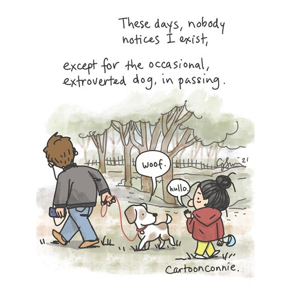 A single-image illustration with text of a lonely girl with a bun saying hello to an extroverted dog. Titled "Lonely Days," 2020, by Connie Sun, cartoonconnie.