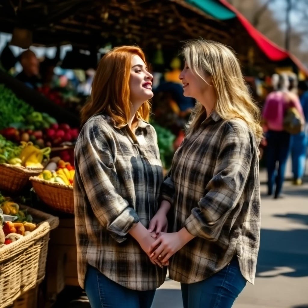 Women holding hands wearing flannel shirts while at a farmer's market