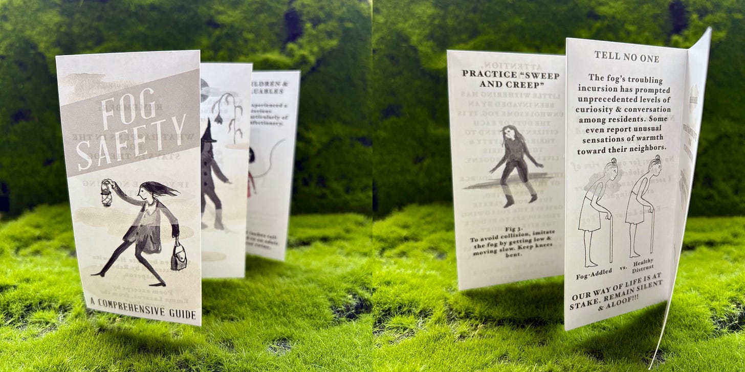 Two views of a folded brochure standing up on a mossy surface. The cover of the brochure reads “FOG SAFETY: A Comprehensive Guide” and shows a person moving through mist with a lantern. The inside of the brochure shows a different person (me!) crouching and a diagram demonstrating the social risks of fog.