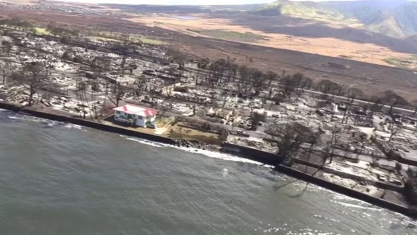 An aerial video of damage in Lahaina, Hawaii, from deadly brush fires.