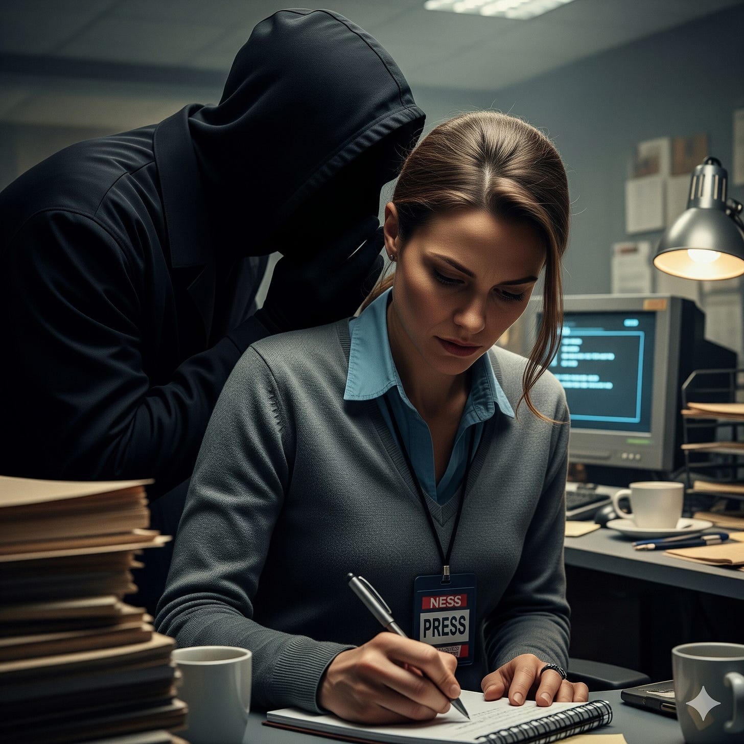 a darkly clad, ominous person whispering into a reporter's ear (primary sources) a darkly clad, ominous person whispering into a reporter's ear (primary sources)
