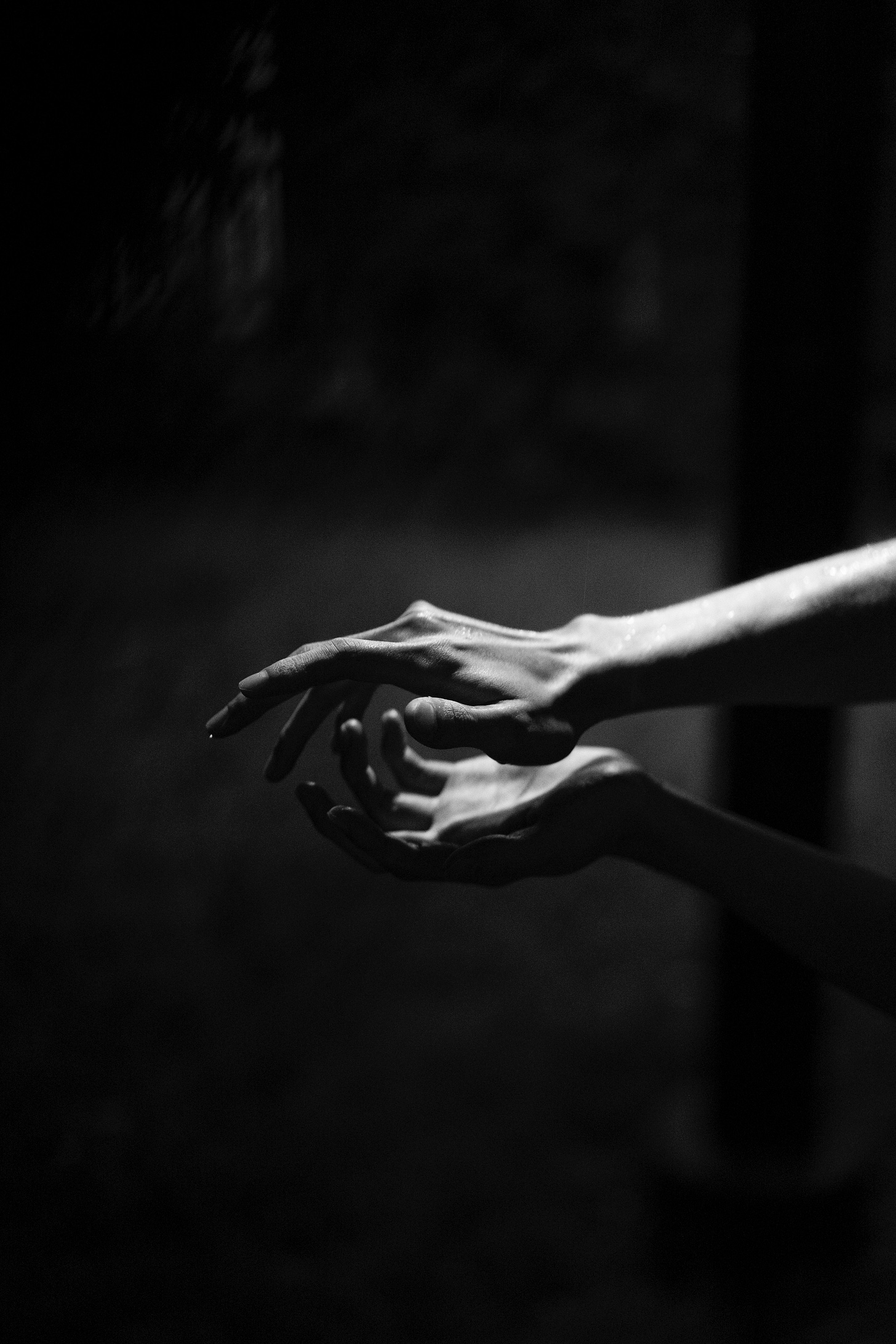 Two hands reaching toward each other in soft light, fingers almost touching, black and white Two hands reaching toward each other in soft light, fingers almost touching, black and white
