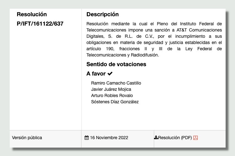 Aviso en el sitio del IFT de la resolución contra AT&T del 16 de noviembre de 2022, con el voto a favor de Ramiro Camacho Castillo, Javier Juárez Mojica, Arturo Robles Rovalo y Sóstenes Díaz González. https://www.ift.org.mx/conocenos/pleno/sesiones/xxv-ordinaria-del-pleno-16-de-noviembre-de-2022