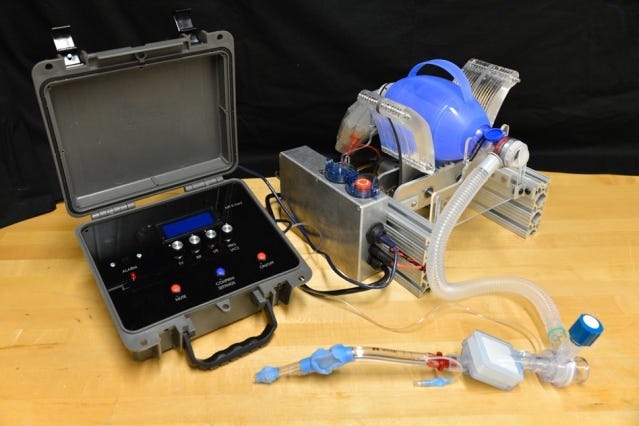 The latest version of the MIT E-Vent team's emergency ventilator design undergoes testing in their lab. The latest version of the MIT E-Vent team's emergency ventilator design undergoes testing in their lab.