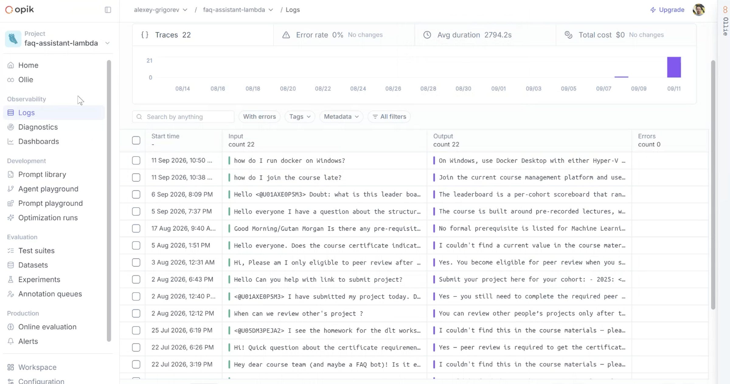 Slack assistant traces in Opik.