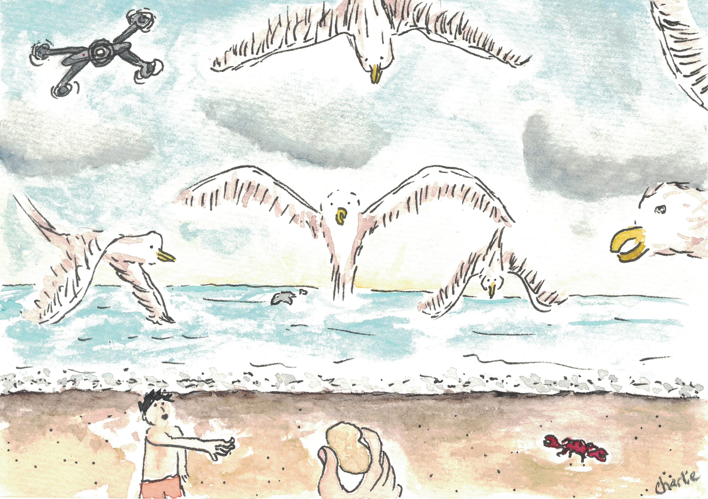 A hand-drawn cartoon featuring a chaotic beach scene in which kids, nature and technology collide