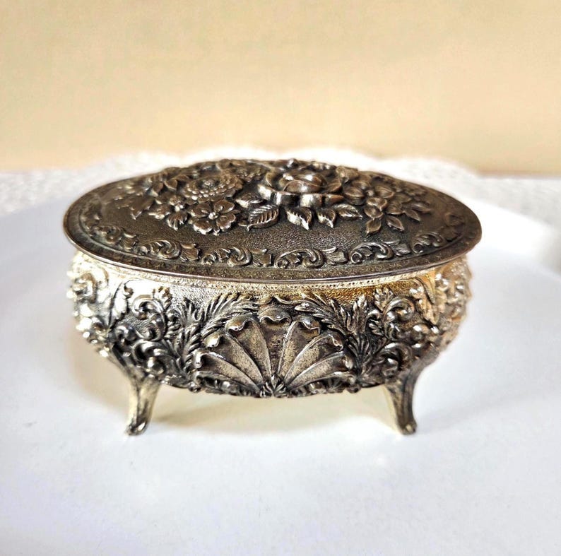 MUSIC Box with Ornate Embossed Flowers, Red Interior, made in Japan, Silver Tone Oval Trinket Box image 1