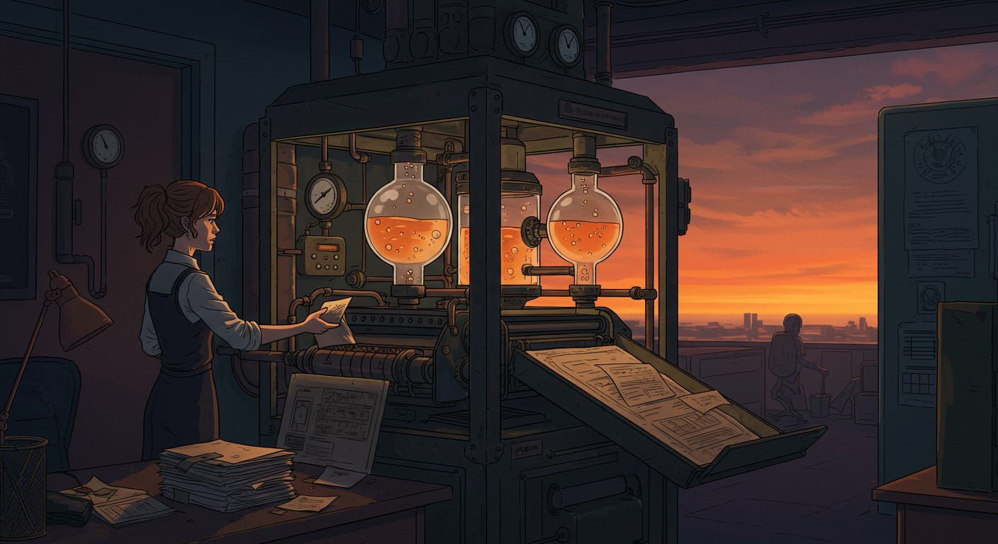 Person operating machine producing papers, symbolizing AI accelerating ugly first drafts of content.