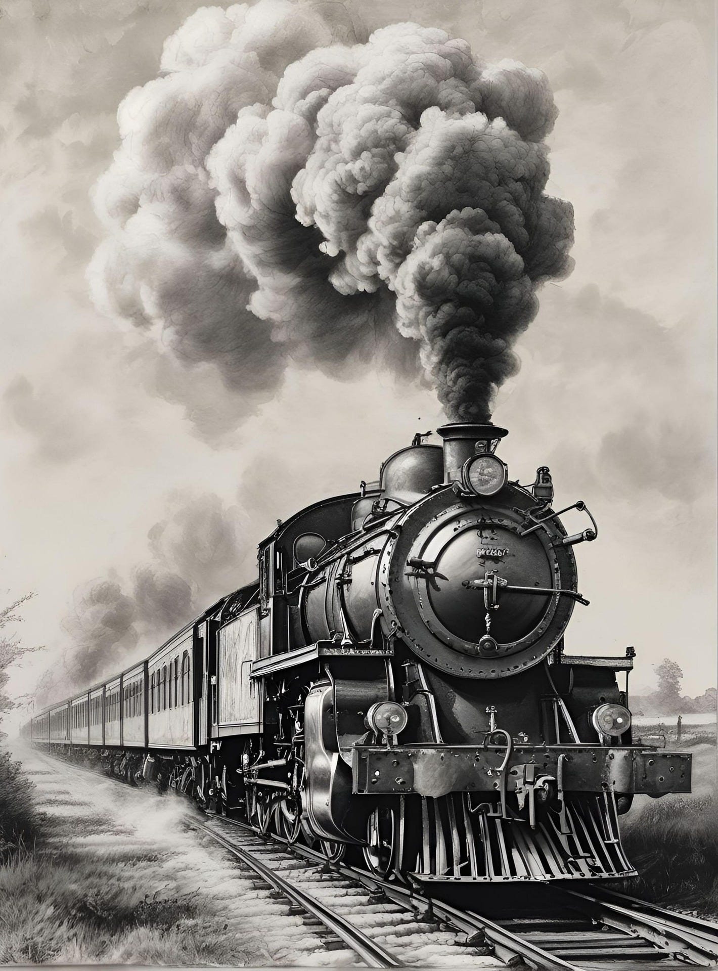 A black and white drawing of an old train with smoke billowing out of th smoke stack A black and white drawing of an old train with smoke billowing out of th smoke stack