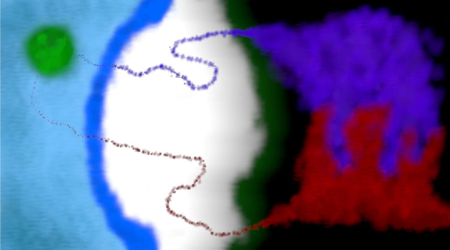 An abstract image with multiple colours, shapes, and patterns, depicting information passing through a receptive medium and being transformed.