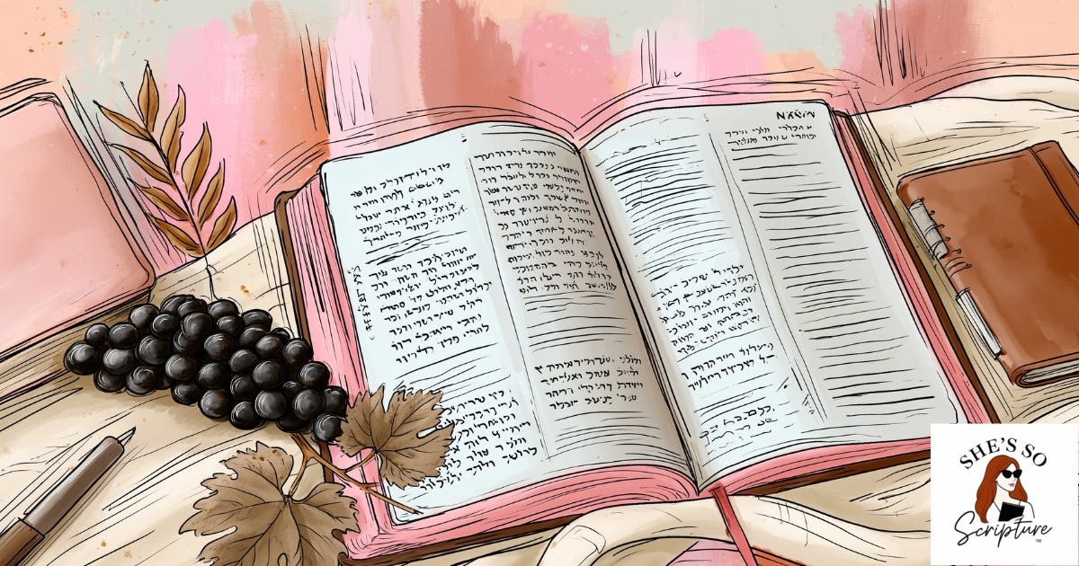 Illustrated overhead flat lay of an open Bible, grapes, and a journal on cream linen in blush and ivory watercolor tones, representing the Song of the Vineyard in Isaiah 5 Illustrated overhead flat lay of an open Bible, grapes, and a journal on cream linen in blush and ivory watercolor tones, representing the Song of the Vineyard in Isaiah 5