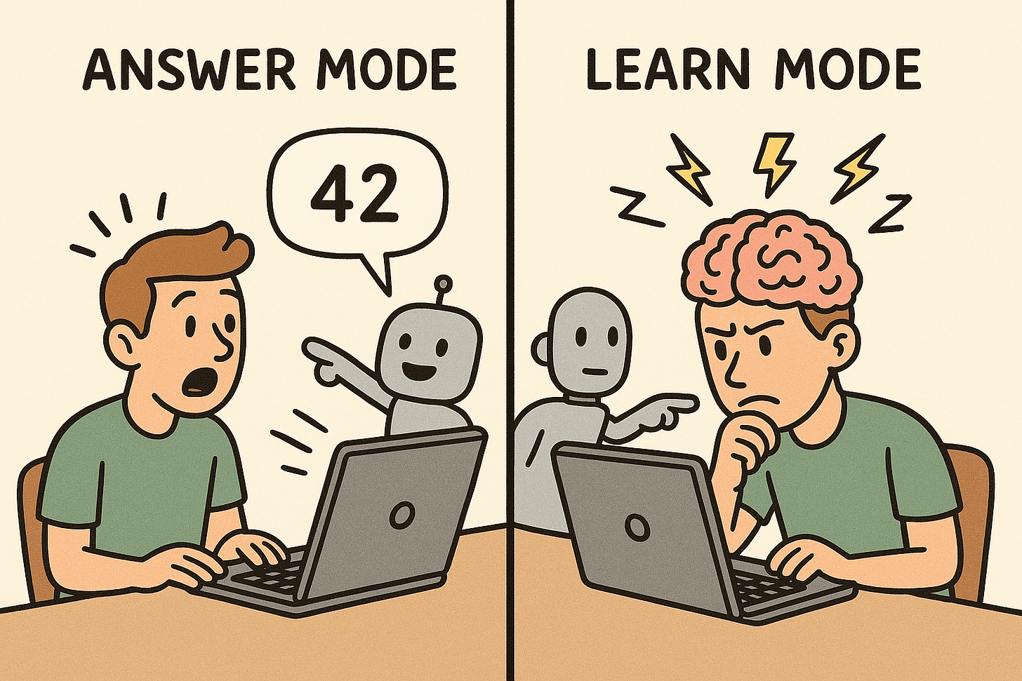 Two-panel cartoon contrasting AI âAnswer Modeâ and âLearn Mode.â In the left panel, labeled âAnswer Mode,â a robot cheerfully points at a laptop and delivers the answer â42â in a speech bubble, while a surprised man stares passively at the screen. In the right panel, labeled âLearn Mode,â the same robot gestures encouragingly as the man leans forward in concentration, his brain visibly glowing and sparking to show he is actively thinking and learning. Two-panel cartoon contrasting AI âAnswer Modeâ and âLearn Mode.â In the left panel, labeled âAnswer Mode,â a robot cheerfully points at a laptop and delivers the answer â42â in a speech bubble, while a surprised man stares passively at the screen. In the right panel, labeled âLearn Mode,â the same robot gestures encouragingly as the man leans forward in concentration, his brain visibly glowing and sparking to show he is actively thinking and learning.