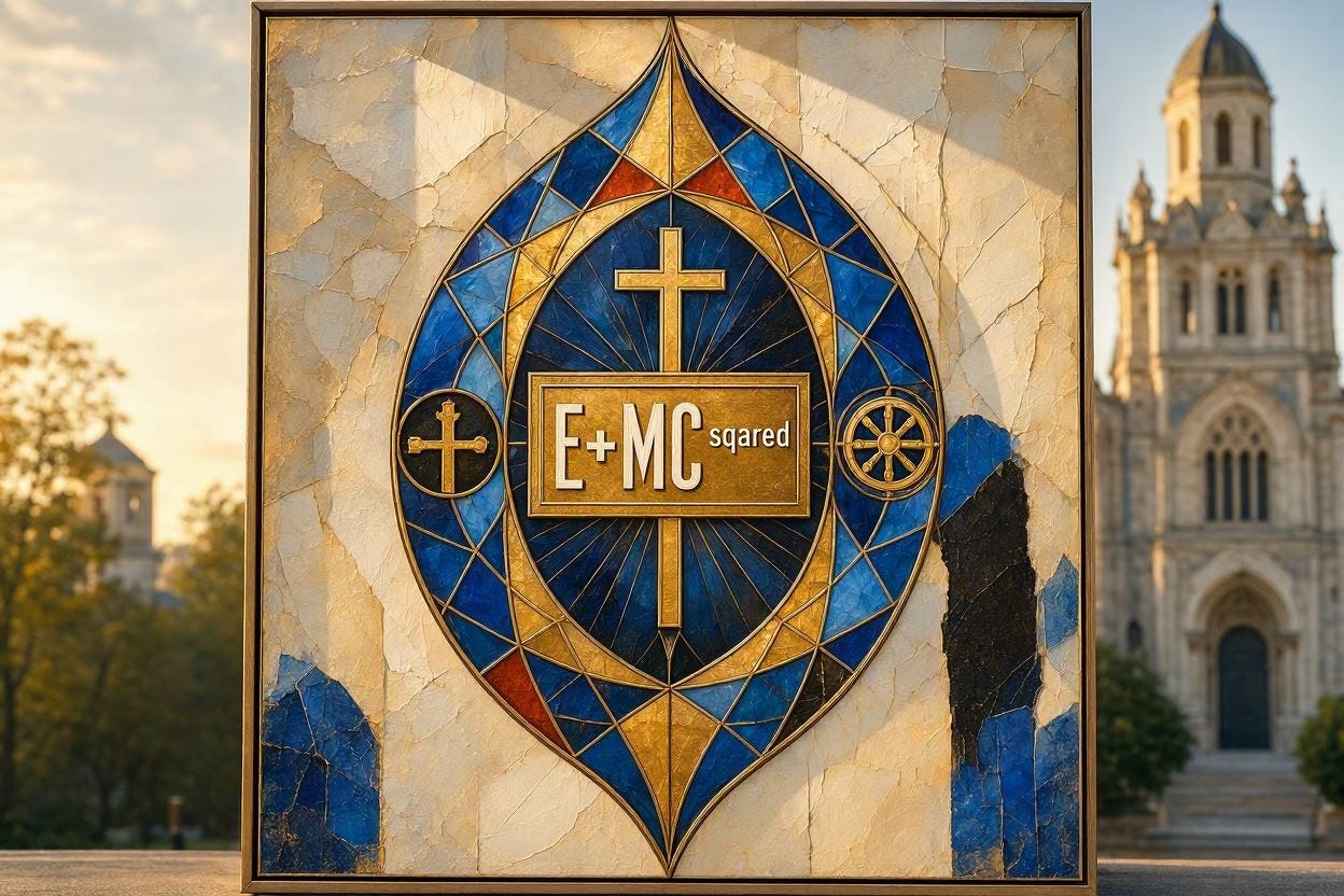 A modren art style image that centers around a religious connection to E+MC squared. 