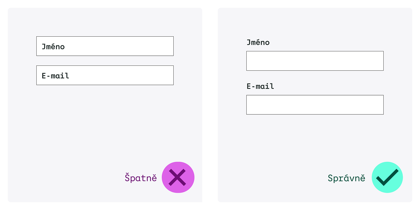 Vlevo (špatně) placeholder ve formulářovém poli namísto popisku. Vpravo (správně) popisek u formulářového pole.