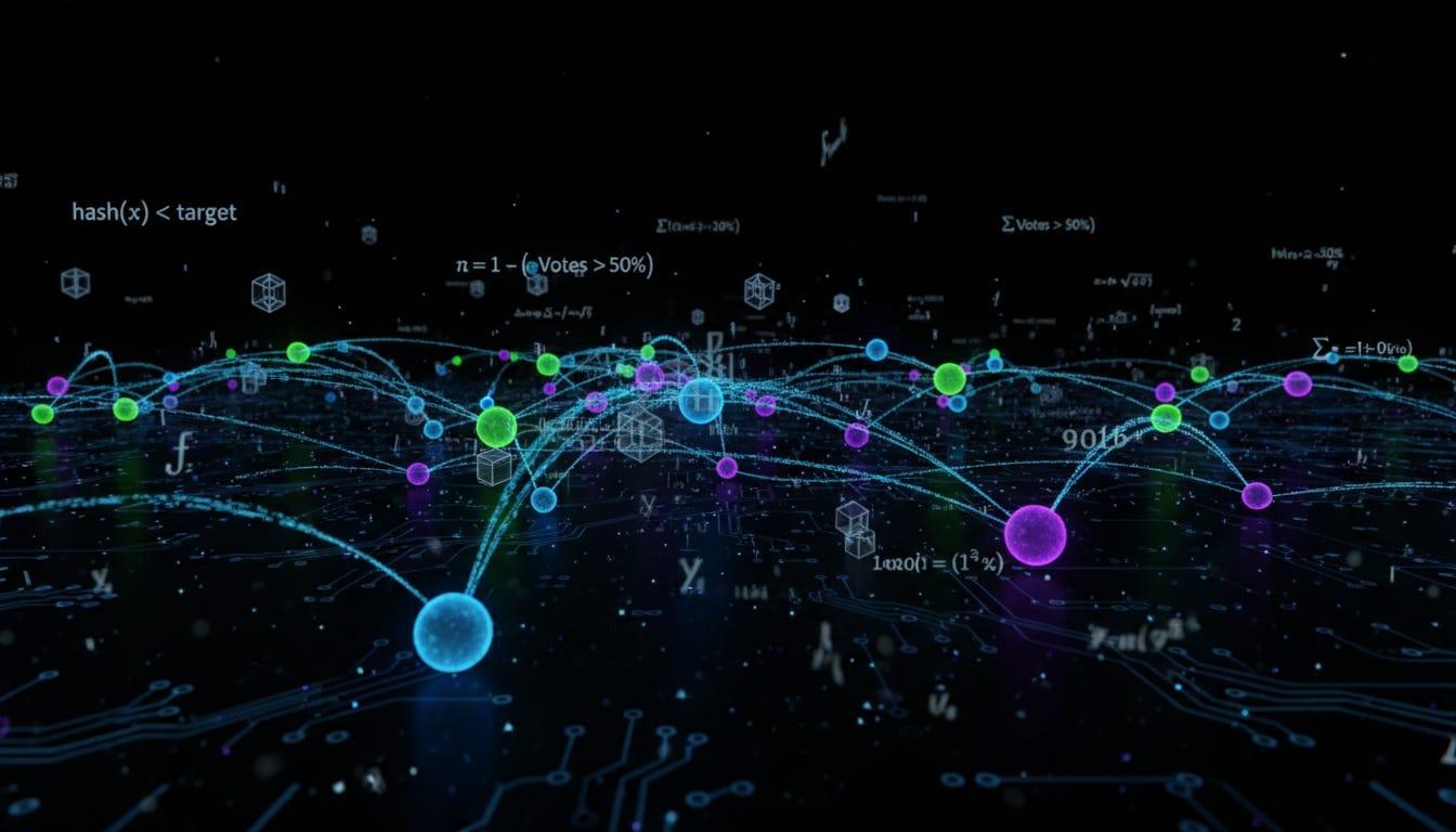 Network visualization displaying merit-based connections with mathematical formulas floating between glowing nodes, representing algorithmic fairness in decentralized systems. Network visualization displaying merit-based connections with mathematical formulas floating between glowing nodes, representing algorithmic fairness in decentralized systems.