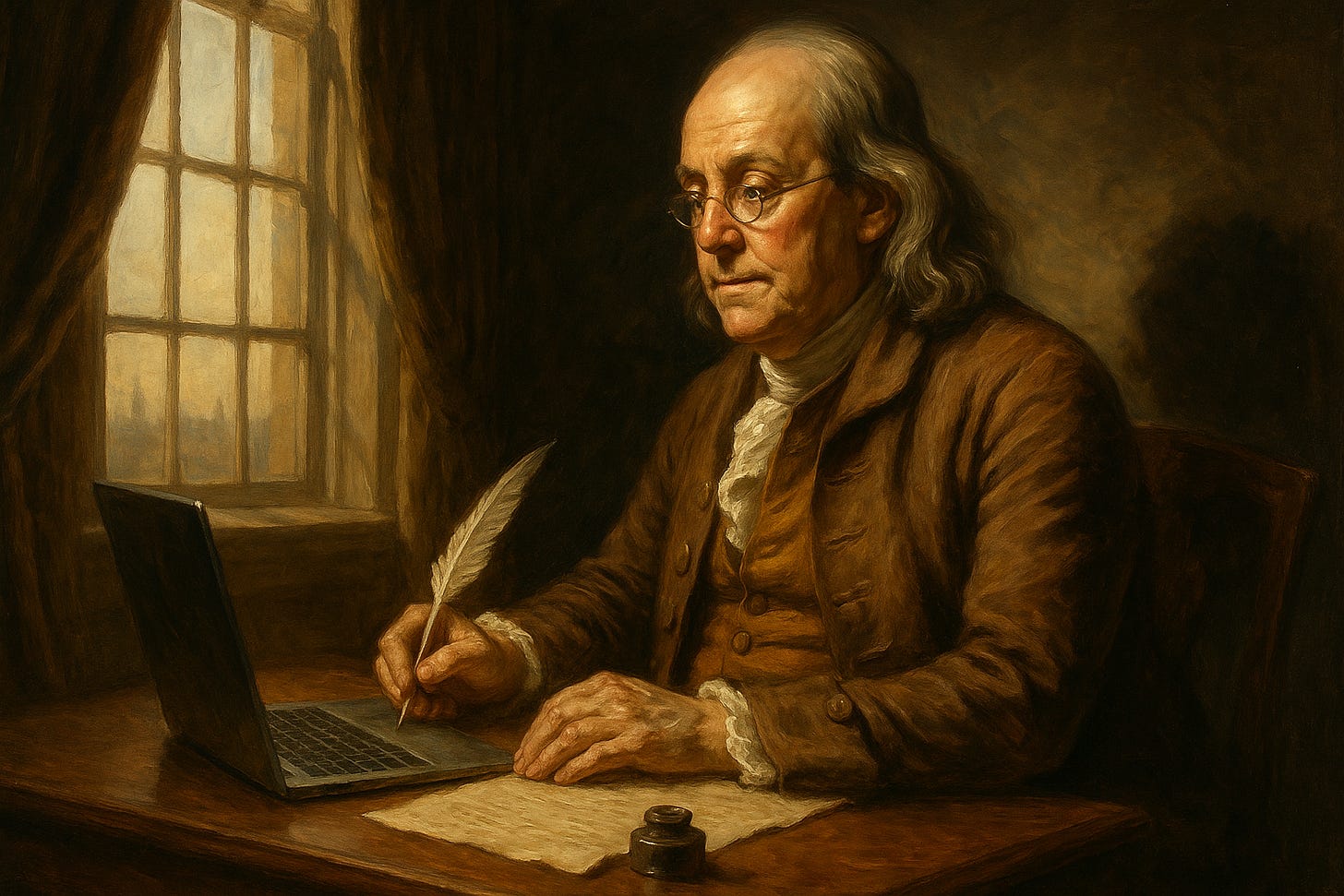Classical oil painting of Benjamin Franklin writing with a quill beside a softly glowing laptop, sunlight streaming through a colonial window onto parchment reading ‘A new idea,’ symbolizing the link between America’s founding imagination and modern renewal.