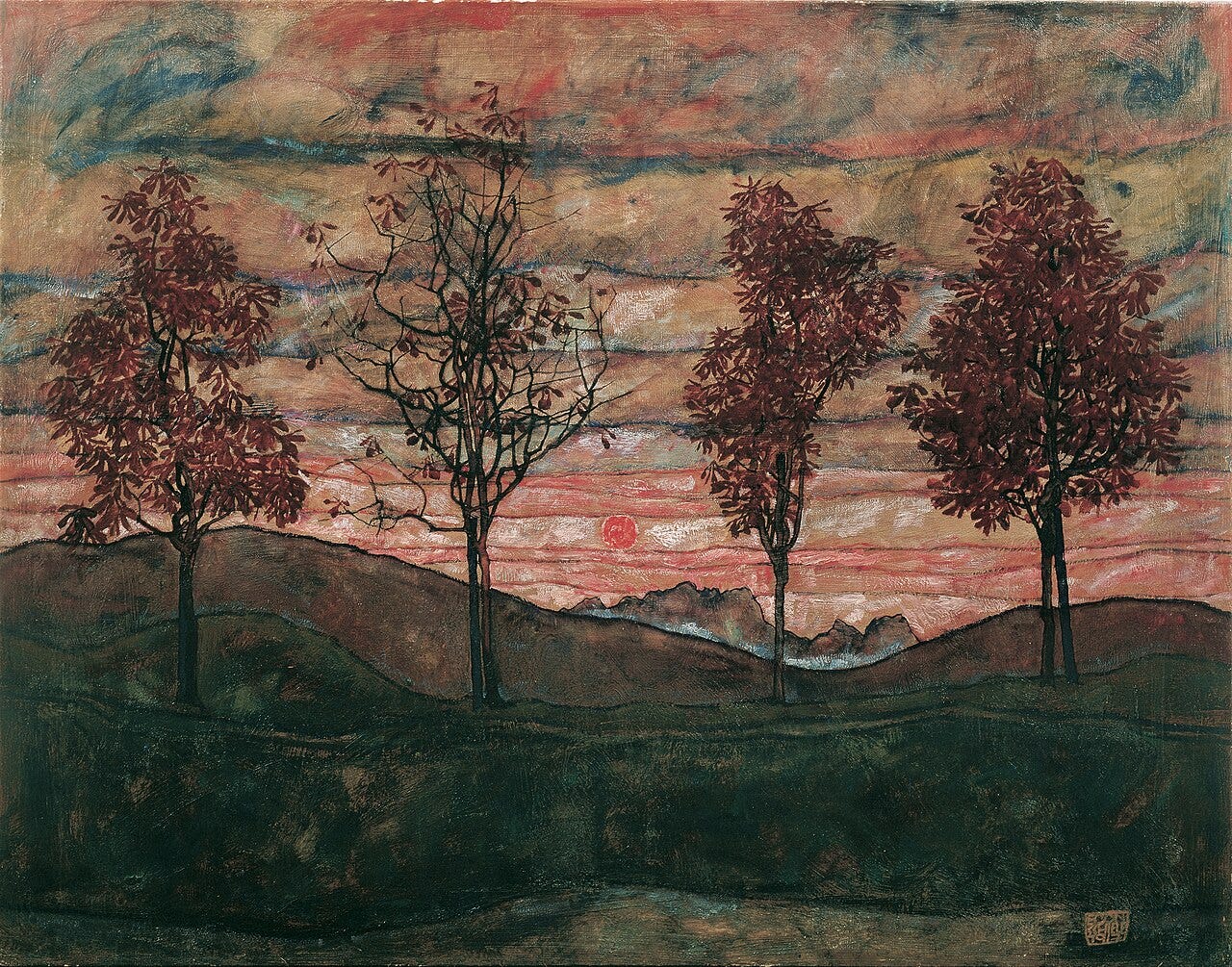 Four chestnut trees against a banded orange sunset, one bare Four chestnut trees against a banded orange sunset, one bare