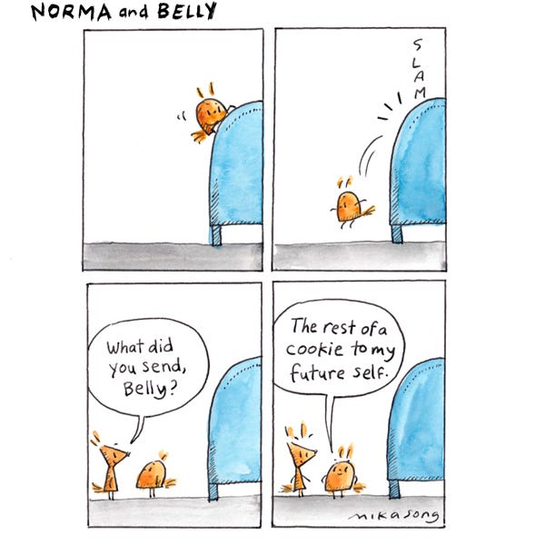 Belly, a round squirrel is stuffing something into a blue mailbox. She jumps down on to the sidewalk and Norma, a triangular squirrel asks her what she is doing. Belly explains she is sending half a cookie to her future self.