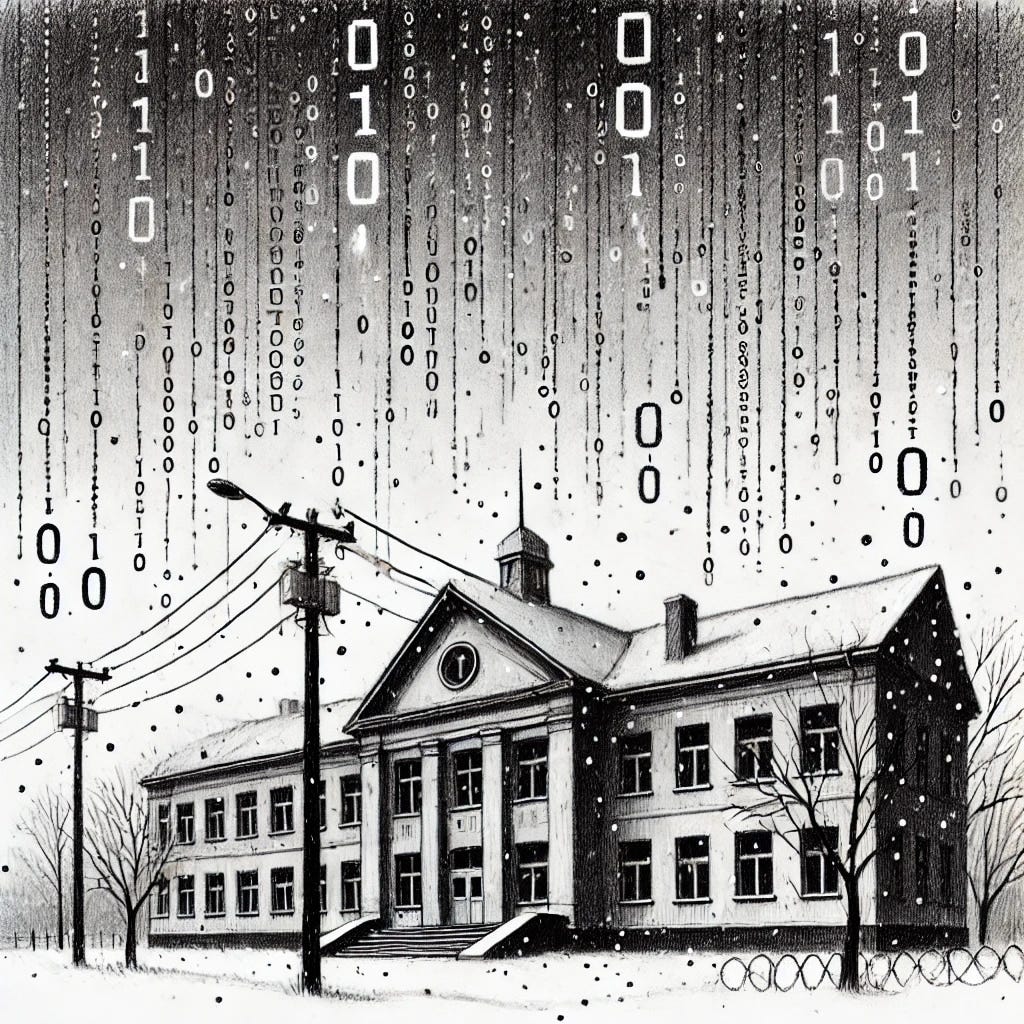 A monochrome illustration of a classical school building during winter, with binary code (ones and zeros) falling from the sky in place of snow. The digital code mimics snowfall, symbolizing a "digital snow day" and representing the vulnerability of schools to cyberattacks. Power lines and leafless trees frame the scene, emphasizing the contrast between traditional education infrastructure and modern digital threats. Used in article about school cybersecurity