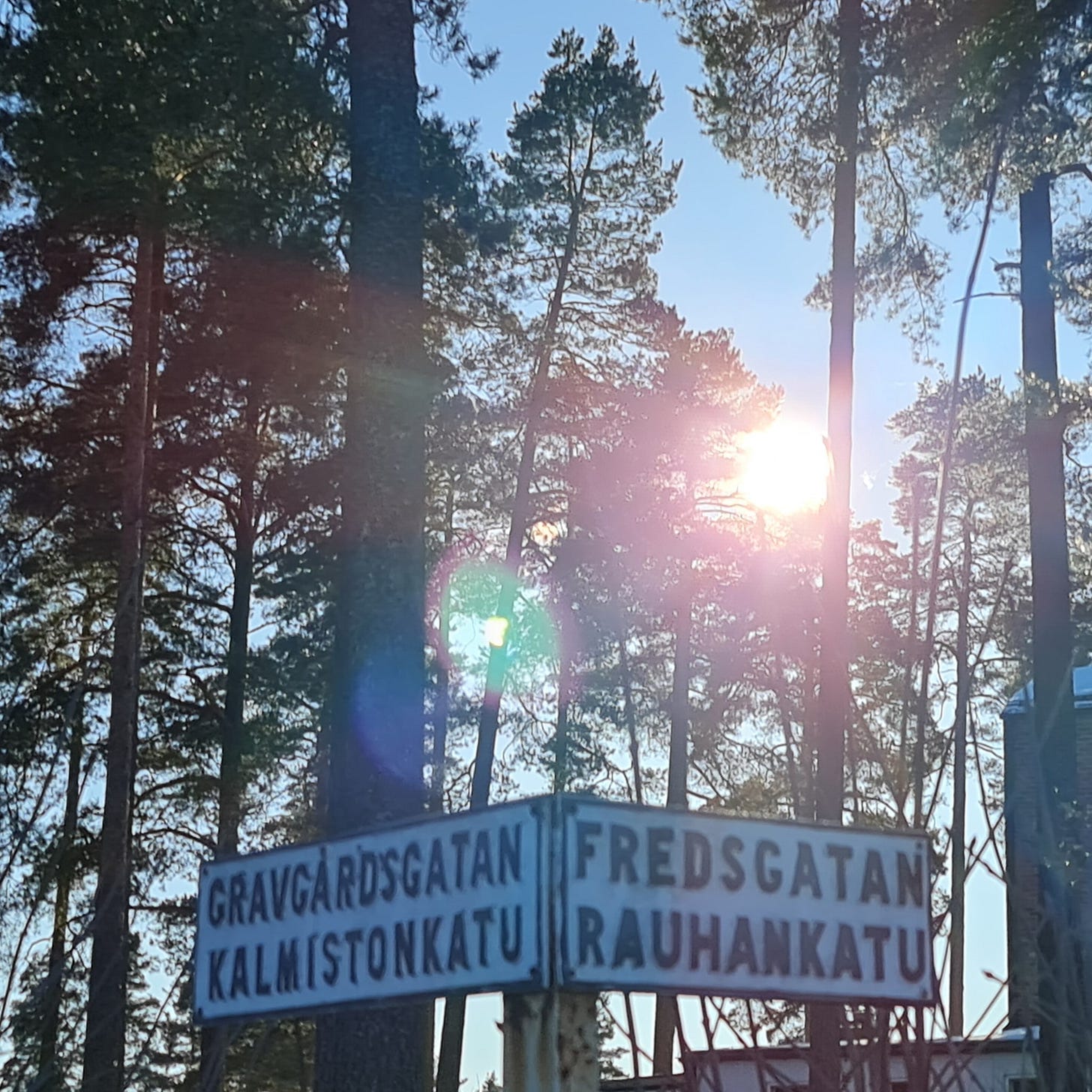 En skylt i ett hörn pekar åt två håll: åt vänster står det Gravgårdsgatan Kalmistonkatu, till höger står det Fredsgatan Rauhankatu.