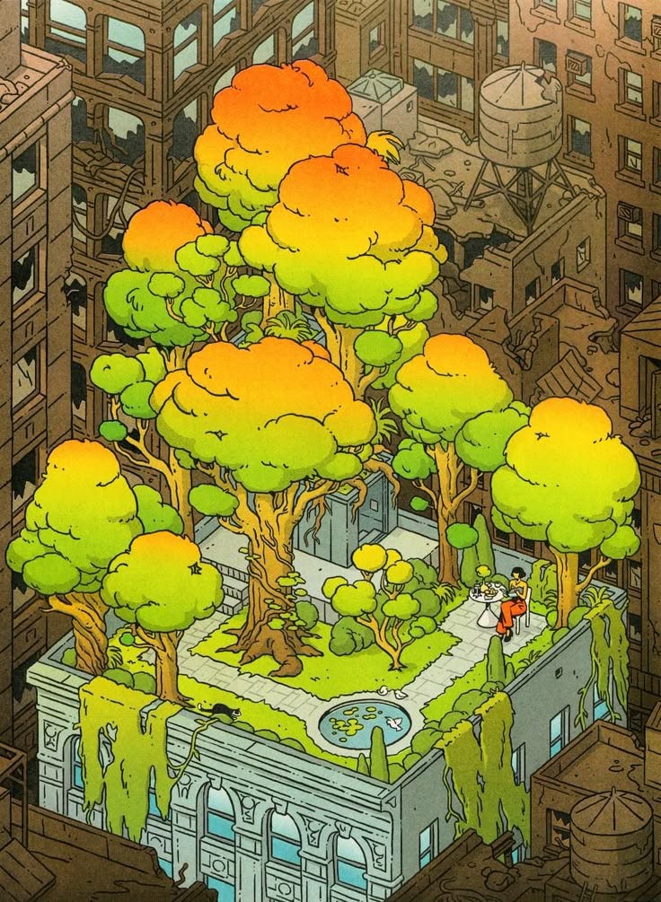 This may contain: an illustration of a tree in the middle of a city with lots of buildings and trees This may contain: an illustration of a tree in the middle of a city with lots of buildings and trees