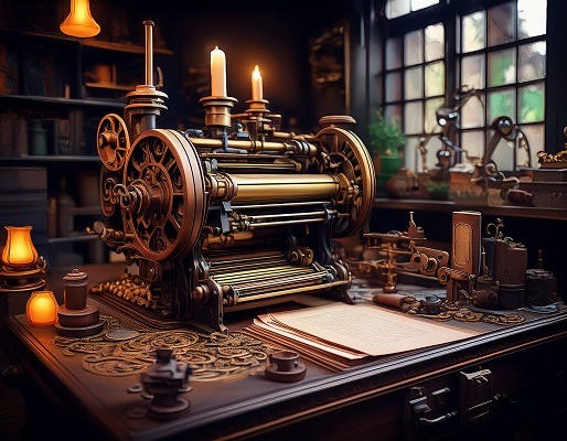 AI-generated image of a hand printing press