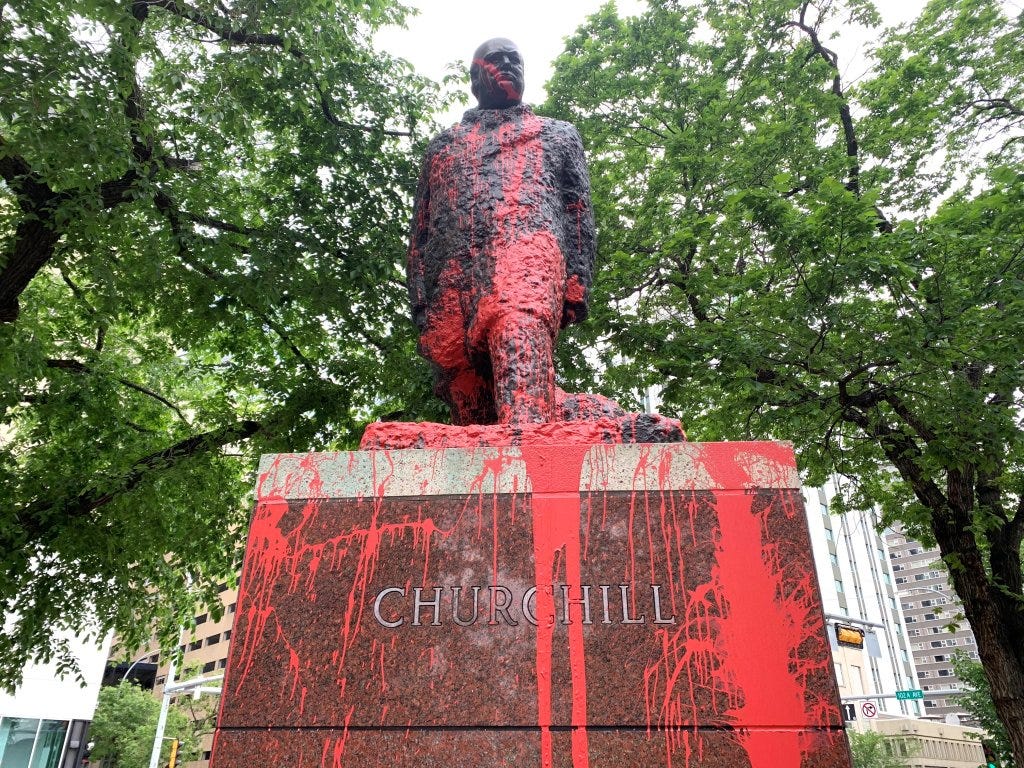 Winston Churchill statue in downtown Edmonton vandalized with red paint - Edmonton | Globalnews.ca