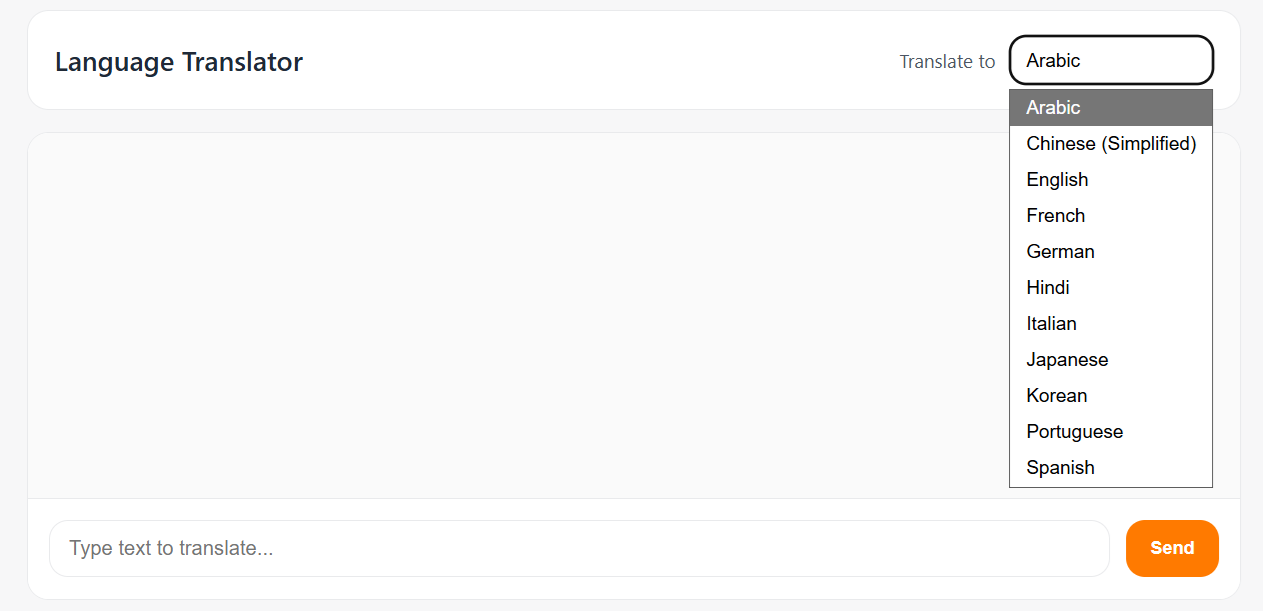 Language translator interface with a dropdown menu of languages including Arabic, Chinese, English, French, German, Hindi, Italian, Japanese, Korean, Portuguese, and Spanish.