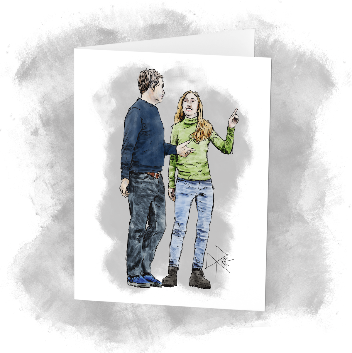 A man and woman stand in a room and have a friendly disagreement about ornamentation. Sketch art by Don Rice.