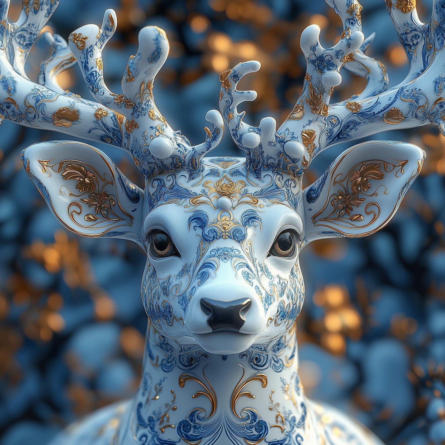 Front view of a white porcelain deer with blue and gold floral patterns, standing against a softly blurred blue and gold background. Front view of a white porcelain deer with blue and gold floral patterns, standing against a softly blurred blue and gold background.