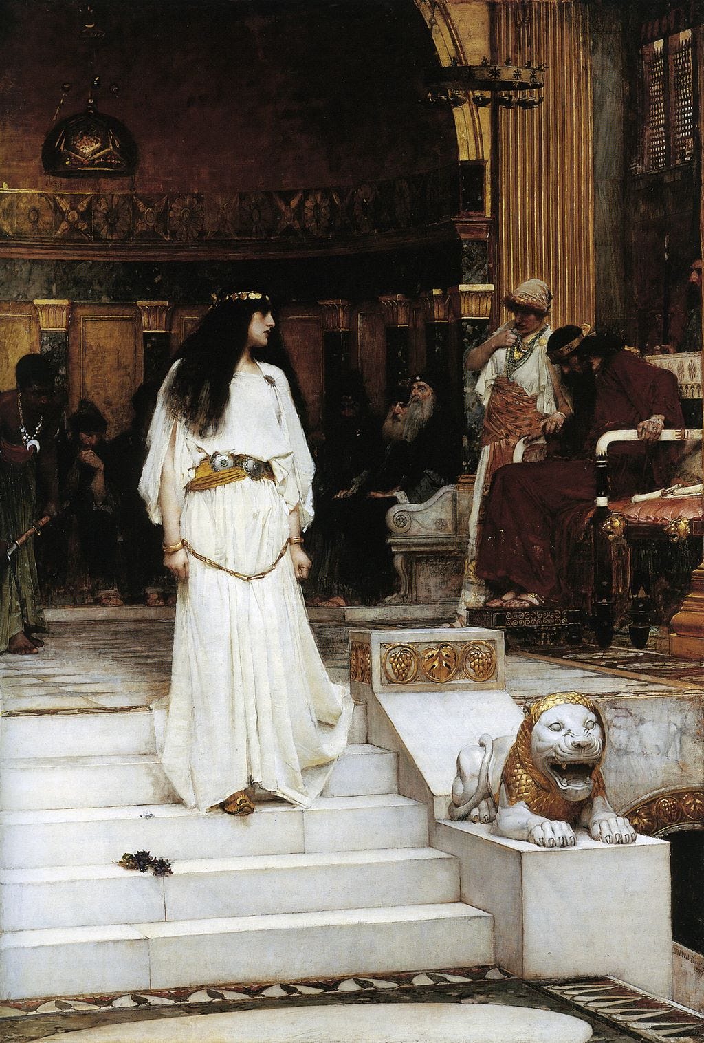 Painting of woman dressed in white, wearing a crown, walking down steps, facing her judges