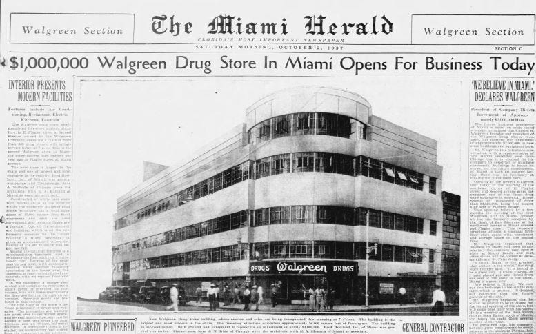 Headline in the Miami Herald the day after the opening of the downtown Miami Walgreens. Headline in the Miami Herald the day after the opening of the downtown Miami Walgreens.