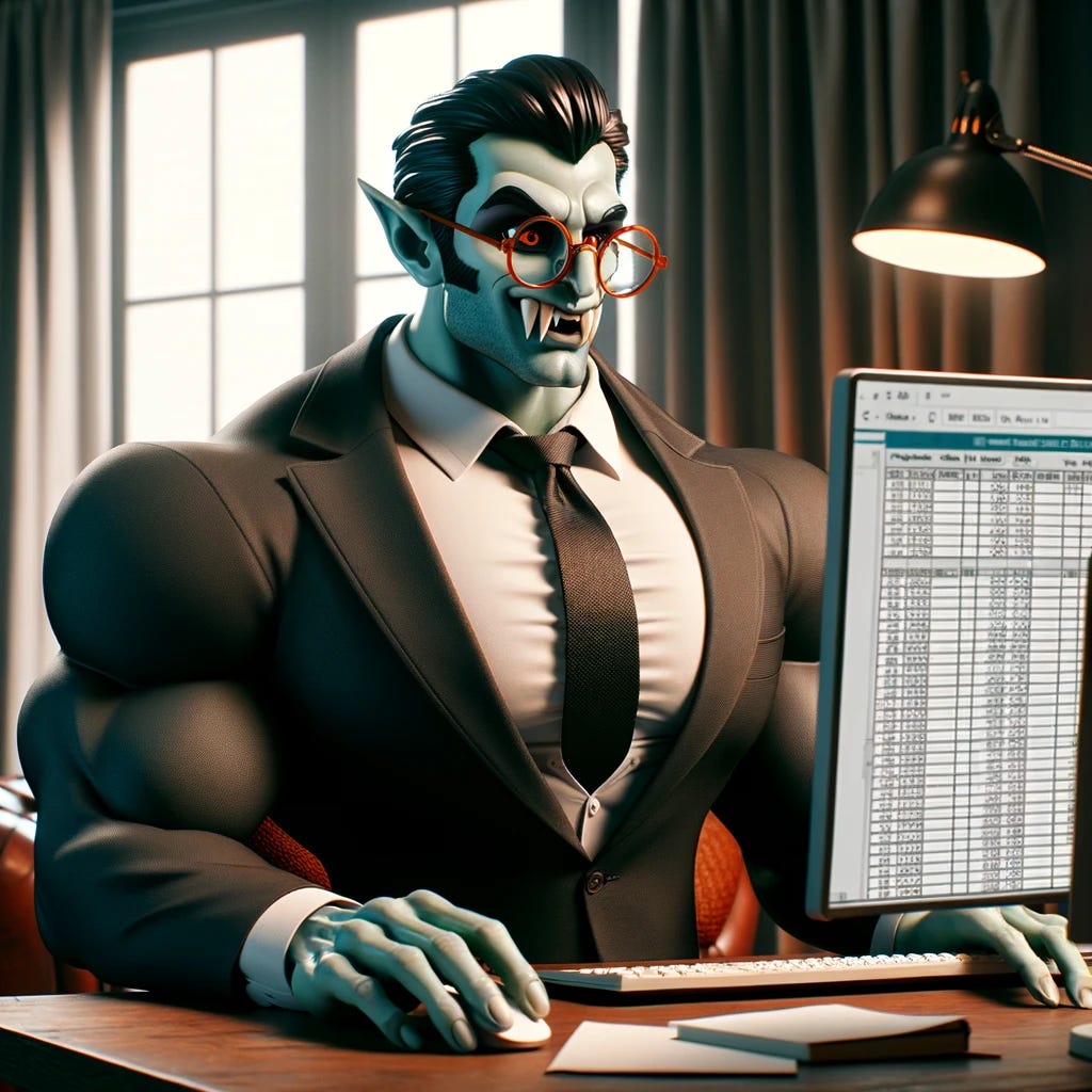 A cartoon-style image of a vampire bodybuilder, wearing glasses and sophisticated attire, using a spreadsheet on his computer. The vampire should have a muscular build, resembling a bodybuilder, with broad shoulders and defined muscles. He is dressed in an elegant, tailored suit that adds a touch of sophistication. His glasses are quirky and slightly oversized, adding a humorous element to his appearance. The setting is a cozy office, with the computer screen clearly showing a spreadsheet. The vampire's expression is focused yet humorous, capturing a blend of seriousness and whimsy. A cartoon-style image of a vampire bodybuilder, wearing glasses and sophisticated attire, using a spreadsheet on his computer. The vampire should have a muscular build, resembling a bodybuilder, with broad shoulders and defined muscles. He is dressed in an elegant, tailored suit that adds a touch of sophistication. His glasses are quirky and slightly oversized, adding a humorous element to his appearance. The setting is a cozy office, with the computer screen clearly showing a spreadsheet. The vampire's expression is focused yet humorous, capturing a blend of seriousness and whimsy.
