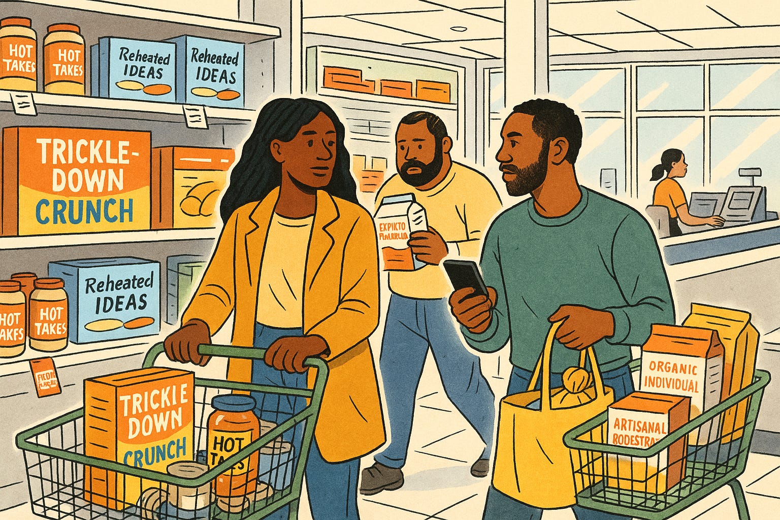 Three shoppers walk through a grocery store aisle stocked with products like “Trickle-Down Crunch,” “Hot Takes,” and “Reheated Ideas.” One man looks at his phone while holding a tote bag filled with boxes labeled “Organic Individual” and “Artisanal Bootstrap.” Another shopper carries “Expired Patriotism.”