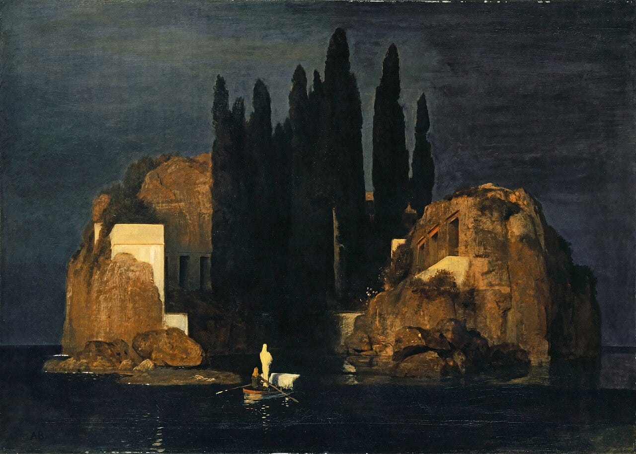 Arnold Böcklin, Isle of the Dead, a mysterious island tomb under a dark sky Arnold Böcklin, Isle of the Dead, a mysterious island tomb under a dark sky