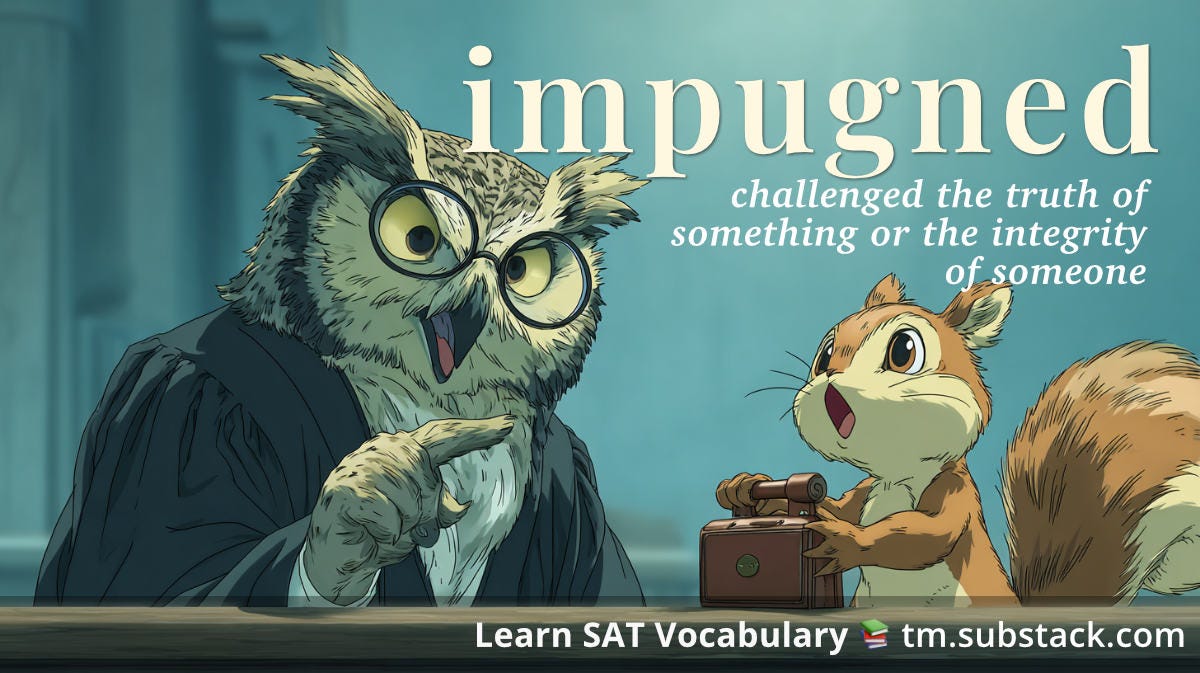 Illustration of an owl explaining to a young squirrel attorney why it/she/he/they are wrong; used to illustrate the SAT word 'impugned'.
