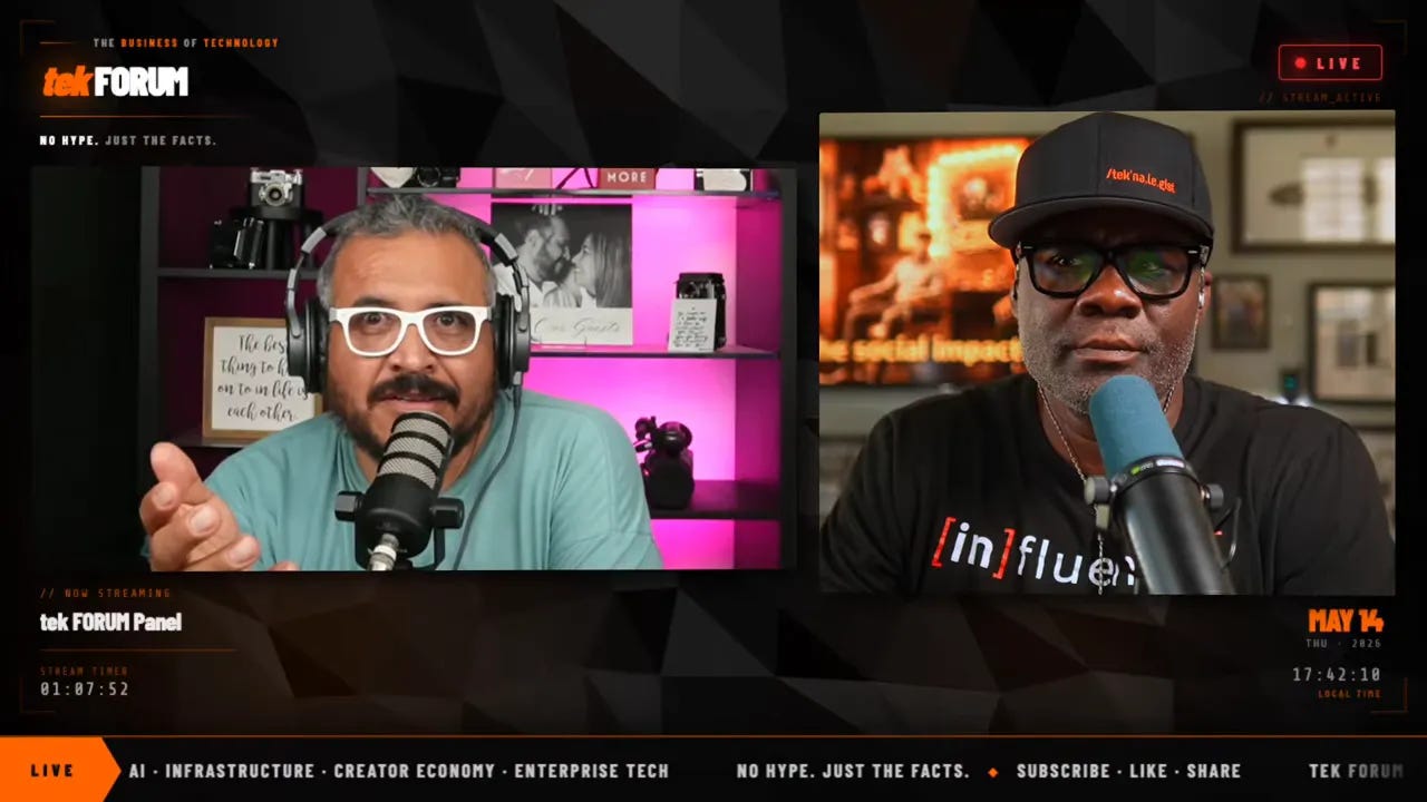 Tek Forum panel screenshot with two podcasters speaking into microphones about operator mindset for creators