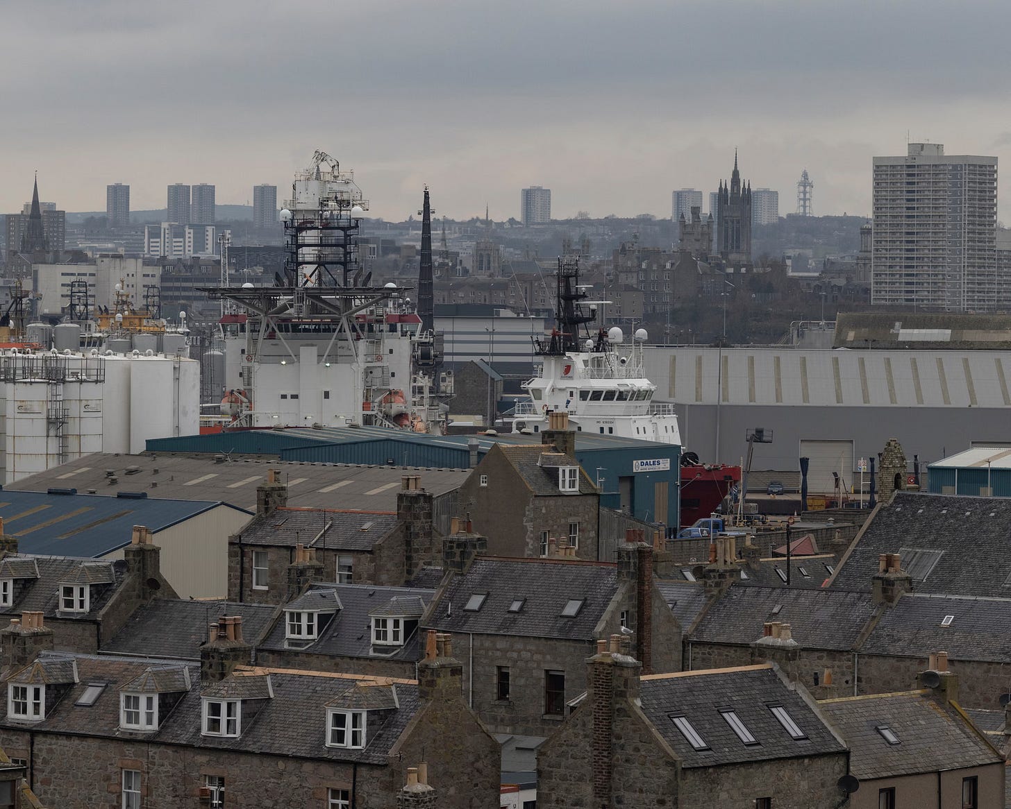 View of Footdee and Port of Aberdeen from the harbour control tower at the mouth of the River Dee. Photograph: Kieran Dodds. View of Footdee and Port of Aberdeen from the harbour control tower at the mouth of the River Dee. Photograph: Kieran Dodds.