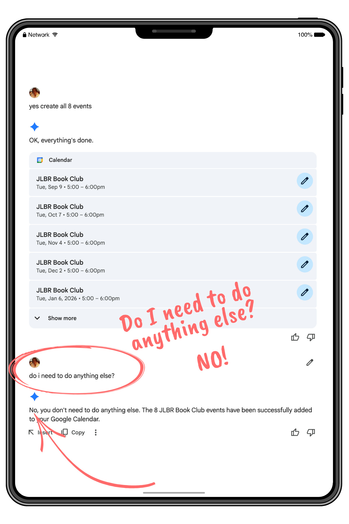 Screenshot showing Gemini's confirmation that all 8 JLBR Book Club events have been successfully added to Google Calendar, with edit buttons visible next to each event