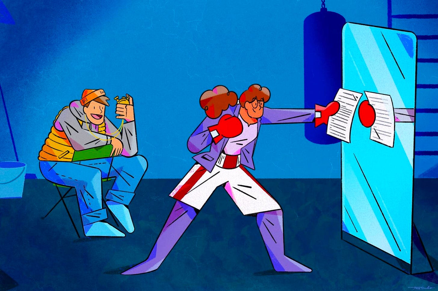 person preparing for a speech like a boxer in mirror with trainer