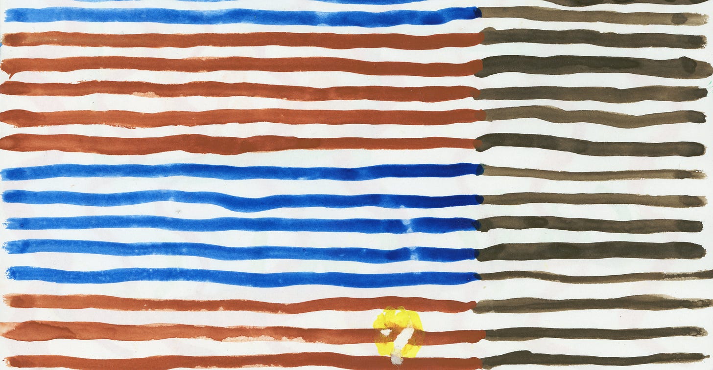A collection of horizontal lines drawn with watercolors. Clusters of blue and brown lines that all inevitably fade to black as they progress from left to right